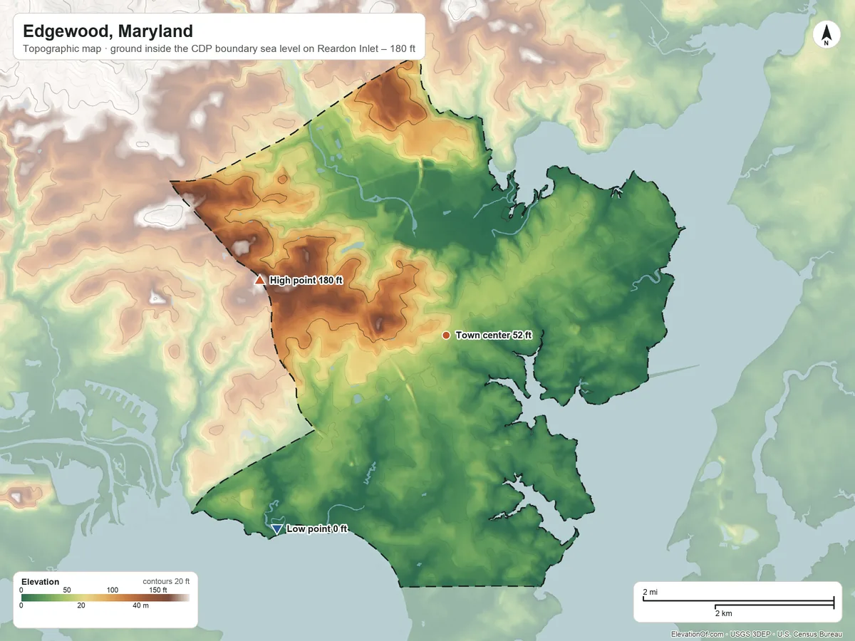 Topographic elevation map of Edgewood, Maryland, shaded from sea level level on Reardon Inlet to 180 ft on the west side