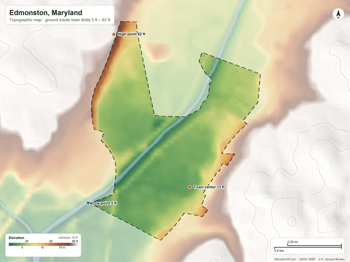 Topographic elevation map of Edmonston, Maryland, shaded from 5 ft on the west side to 62 ft on the northwest side