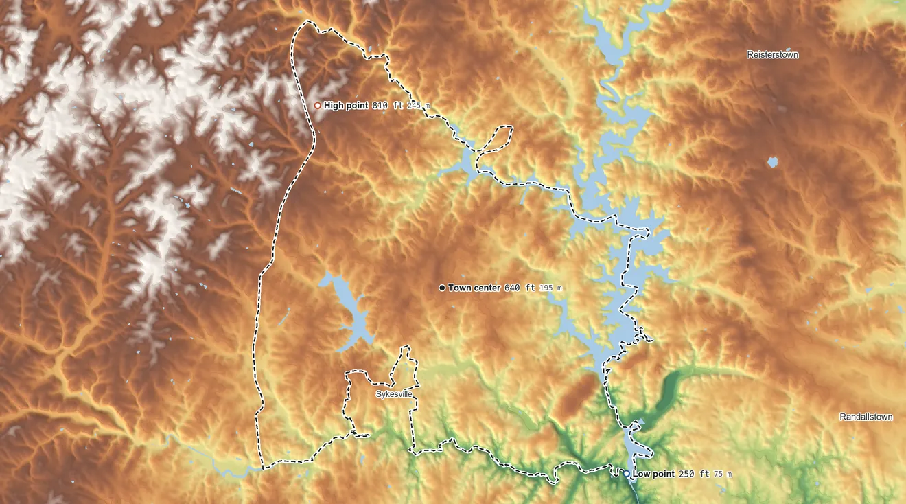 Topographic elevation map of Eldersburg, Maryland, shaded from 250 ft on the southeast side to 810 ft on the northwest side