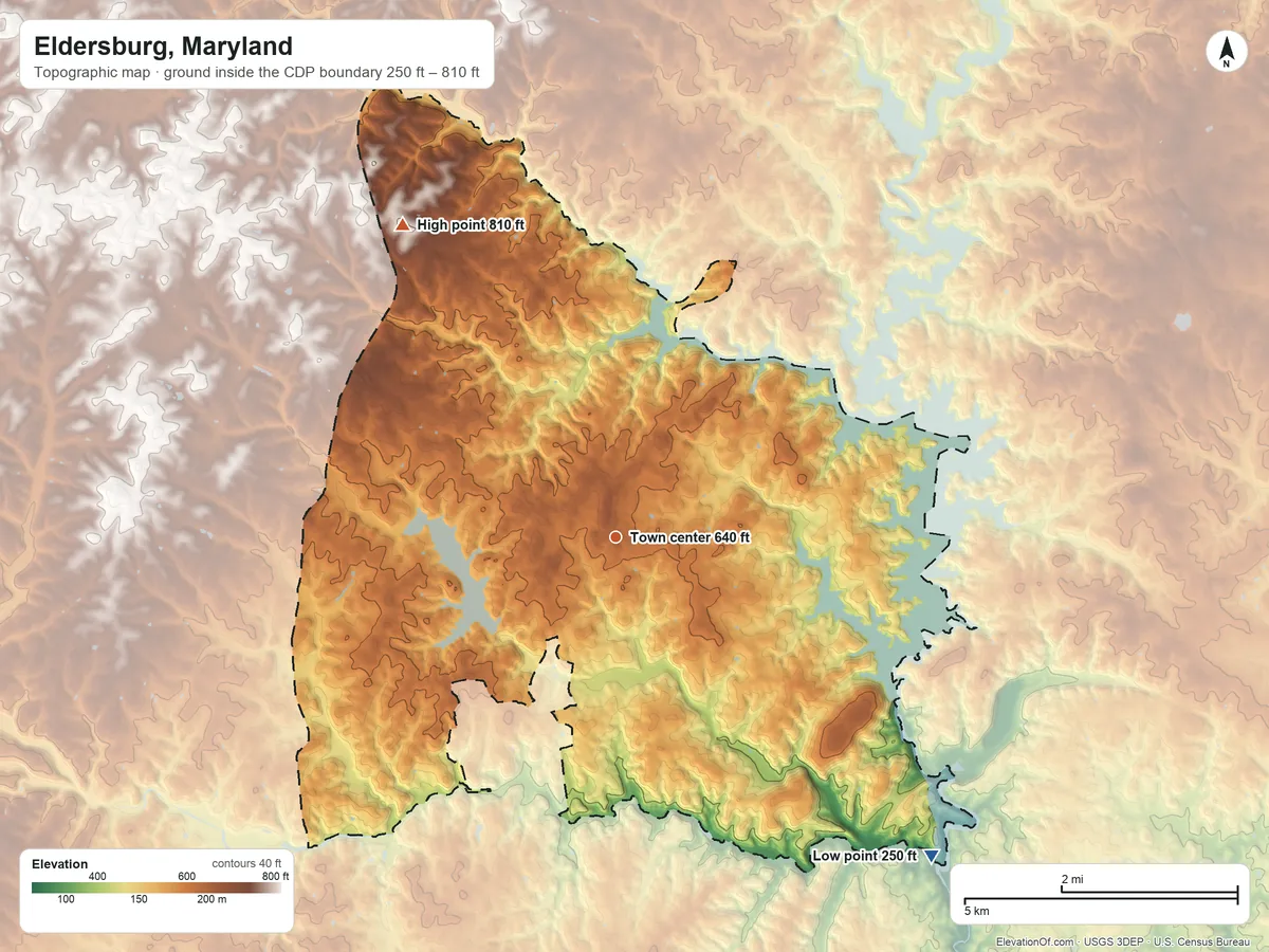 Topographic elevation map of Eldersburg, Maryland, shaded from 250 ft on the southeast side to 810 ft on the northwest side