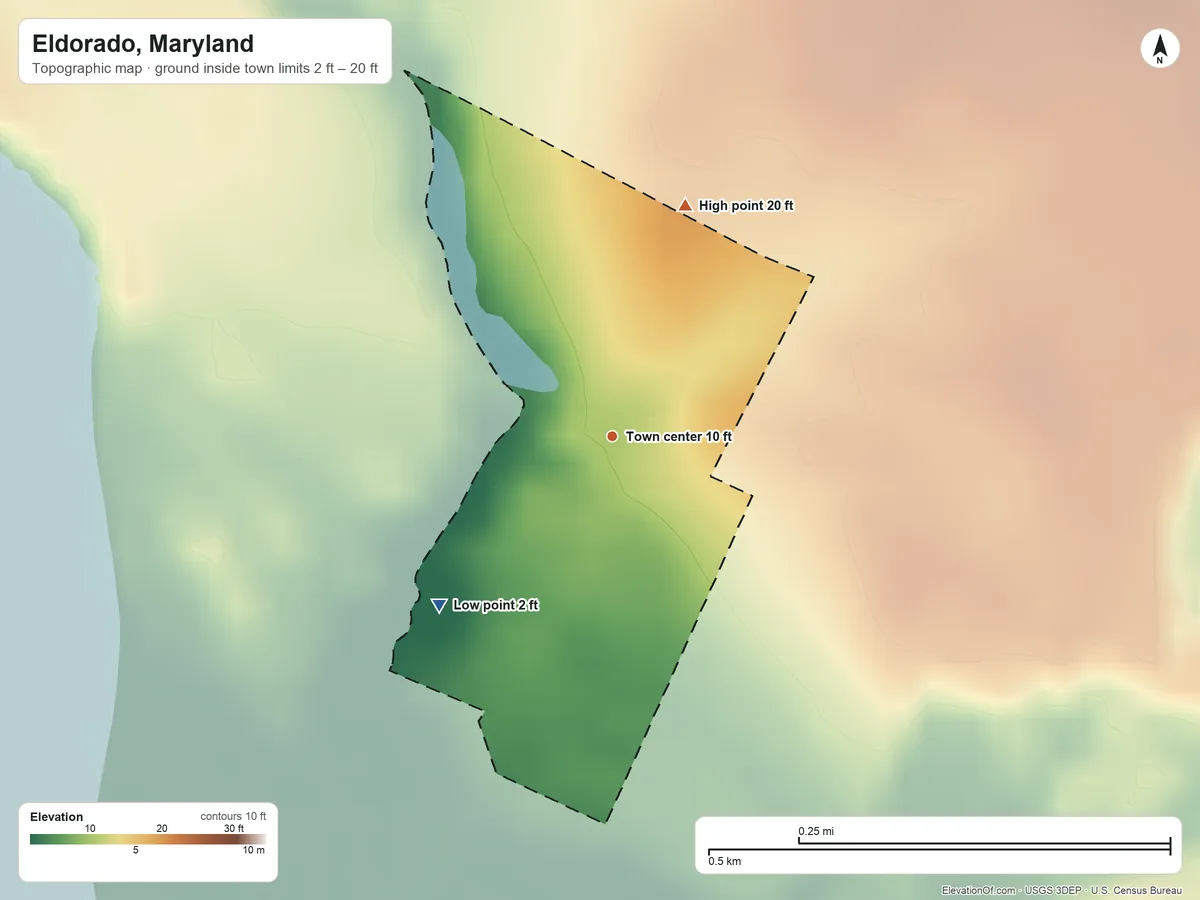 Topographic elevation map of Eldorado, Maryland, shaded from 2 ft on the southwest side to 20 ft on the north side