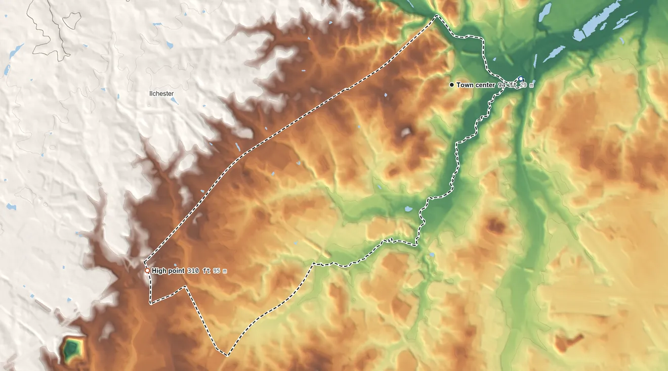 Topographic elevation map of Elkridge, Maryland, shaded from 9 ft on the east side to 310 ft on the southwest side