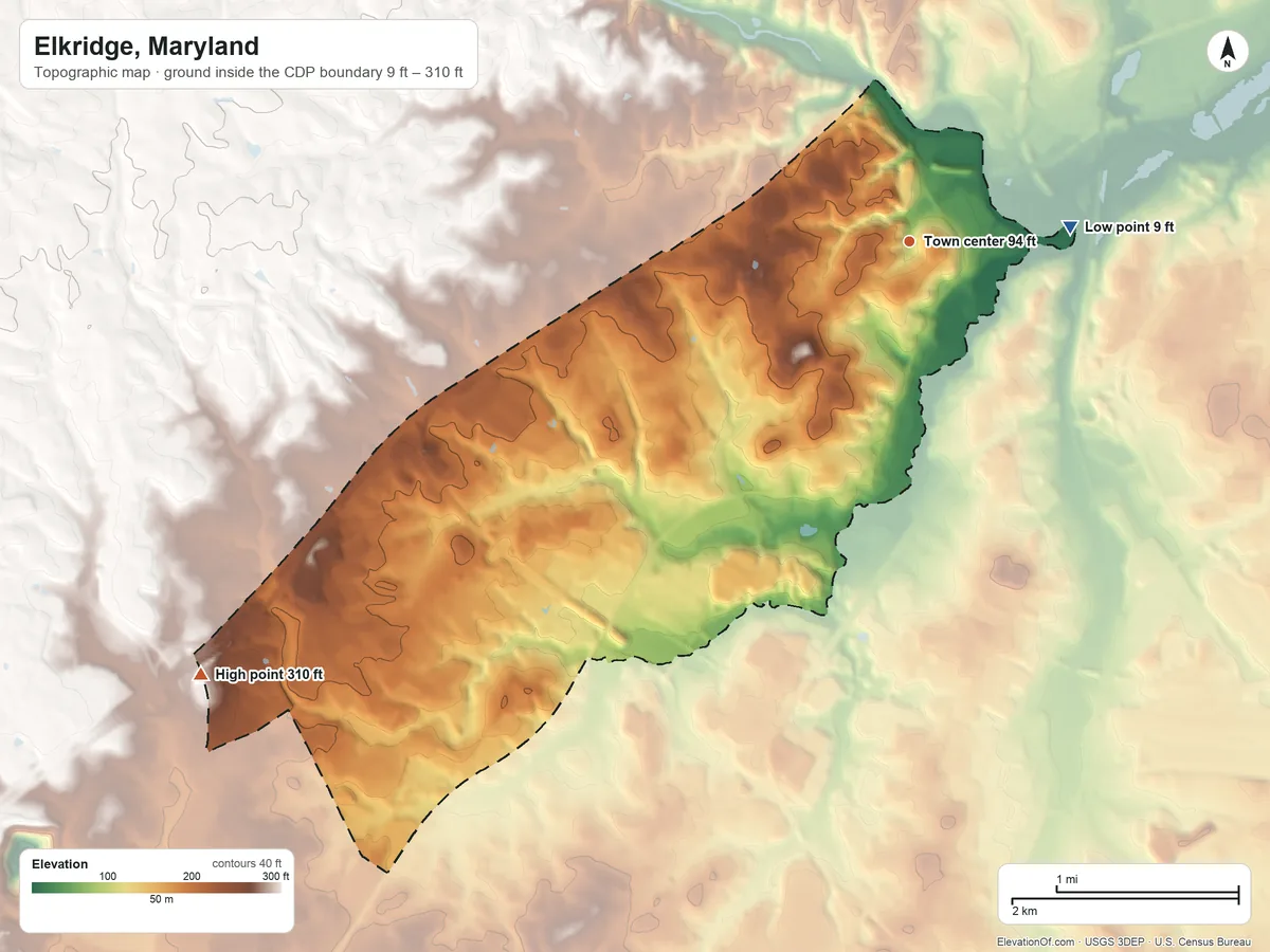 Topographic elevation map of Elkridge, Maryland, shaded from 9 ft on the east side to 310 ft on the southwest side