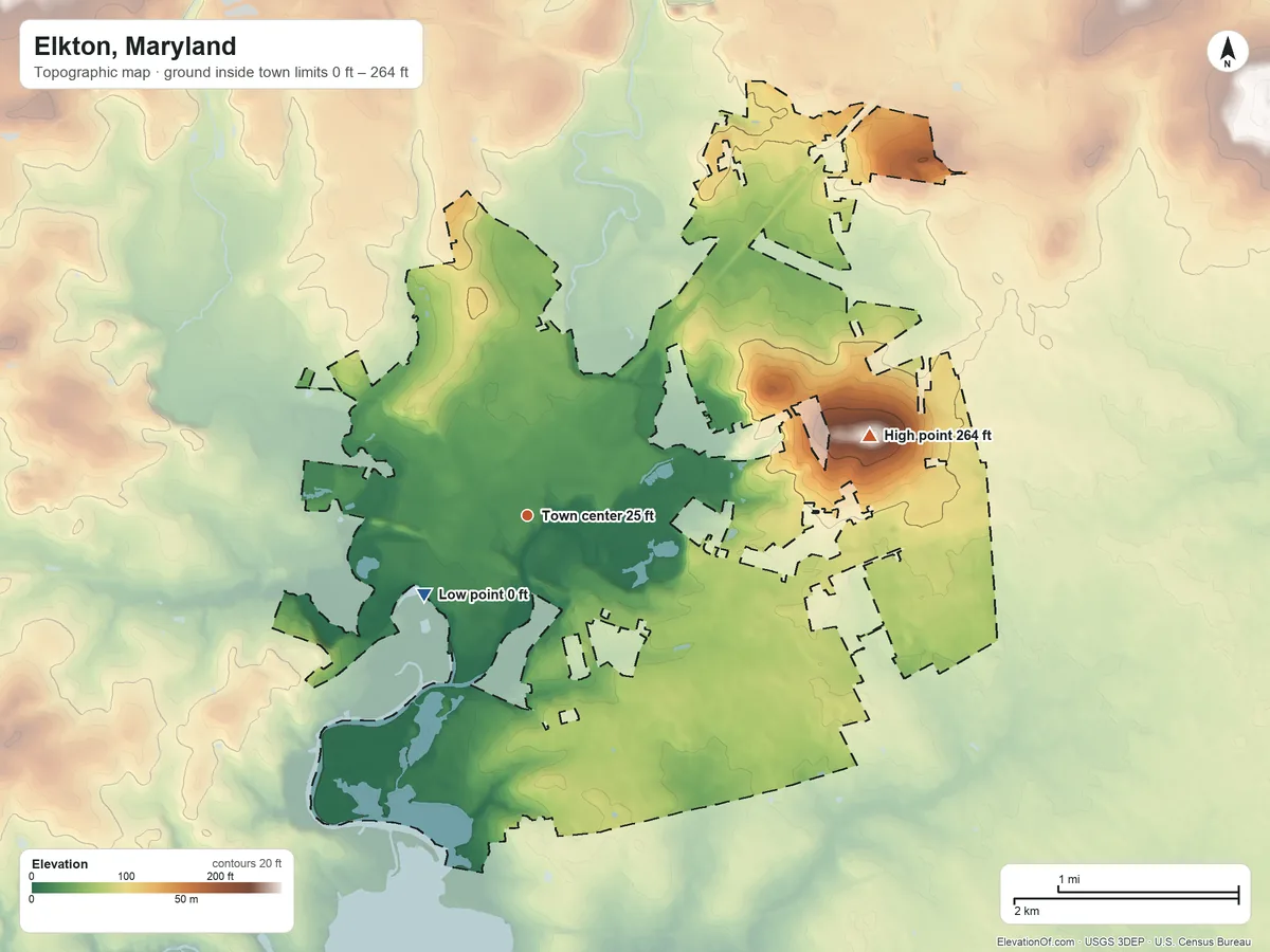 Topographic elevation map of Elkton, Maryland, shaded from 0 ft on the southwest side to 264 ft on Grays Hill