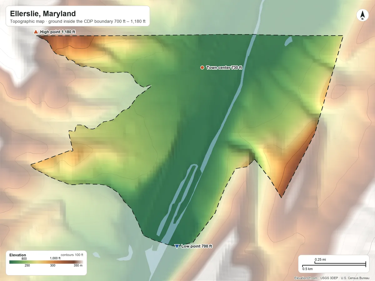 Topographic elevation map of Ellerslie, Maryland, shaded from 700 ft on the south side to 1,180 ft on the west edge, below higher ground just outside