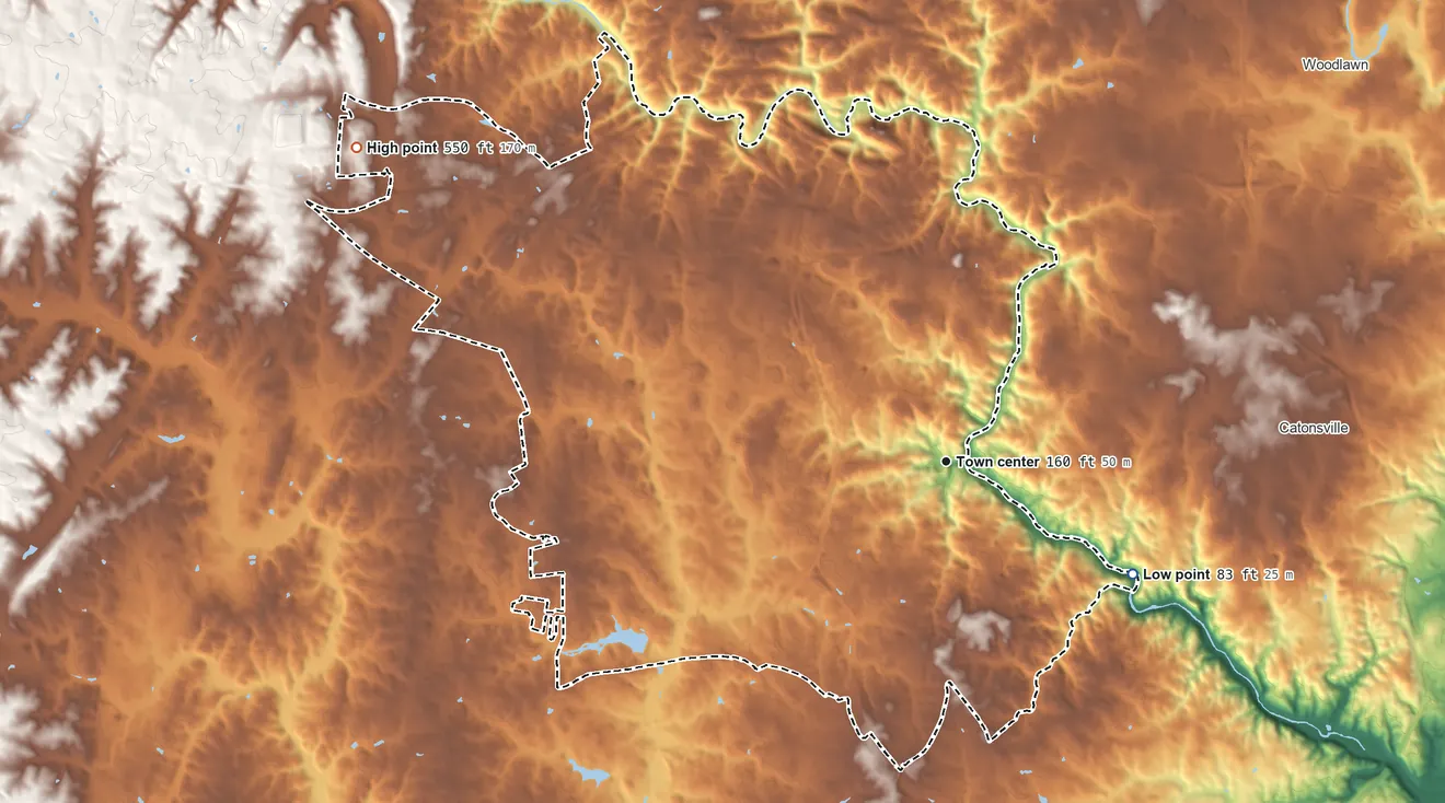 Topographic elevation map of Ellicott City, Maryland, shaded from 83 ft on the southeast side to 550 ft on the northwest side