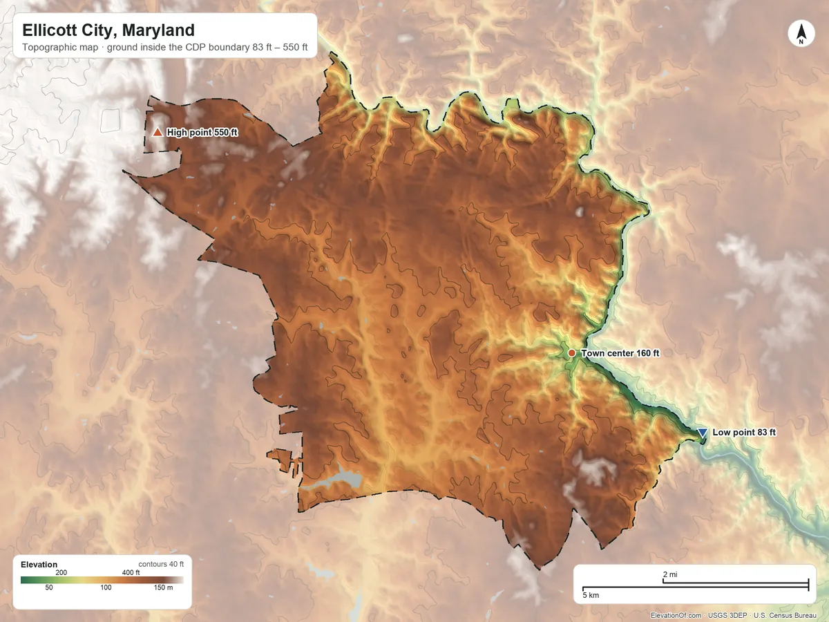 Topographic elevation map of Ellicott City, Maryland, shaded from 83 ft on the southeast side to 550 ft on the northwest side