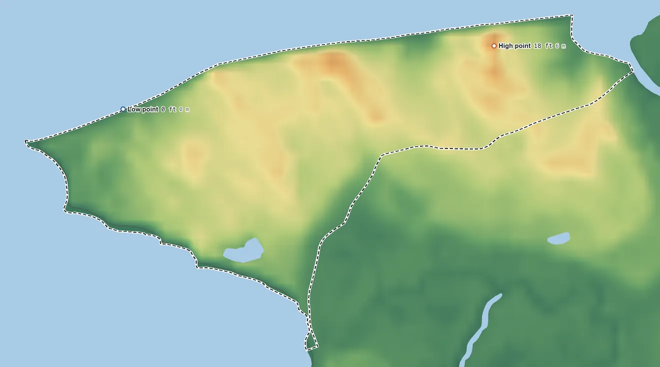 Topographic elevation map of Elliott, Maryland, shaded from sea level level on Fishing Bay to 18 ft on the northeast side