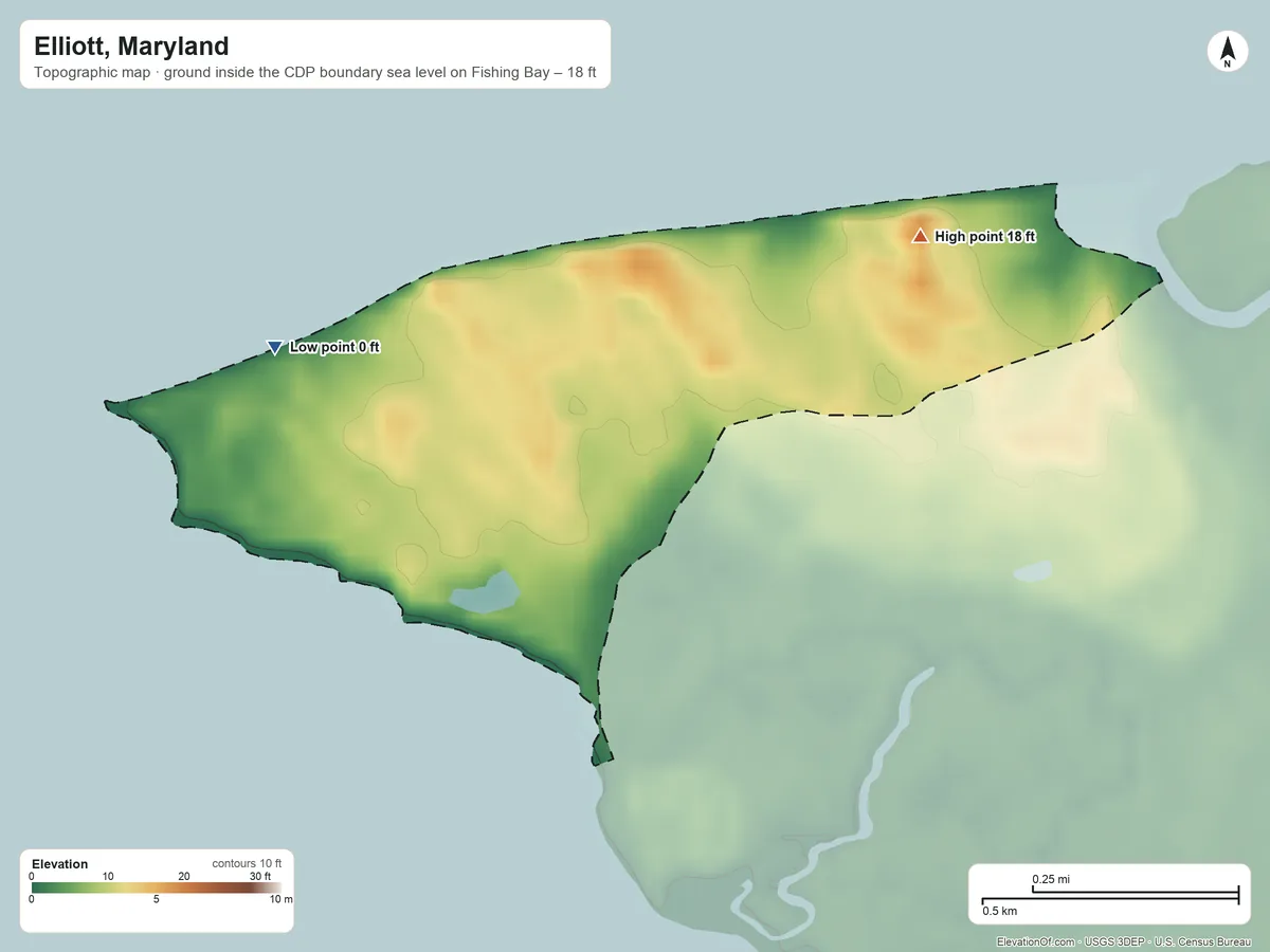 Topographic elevation map of Elliott, Maryland, shaded from sea level level on Fishing Bay to 18 ft on the northeast side