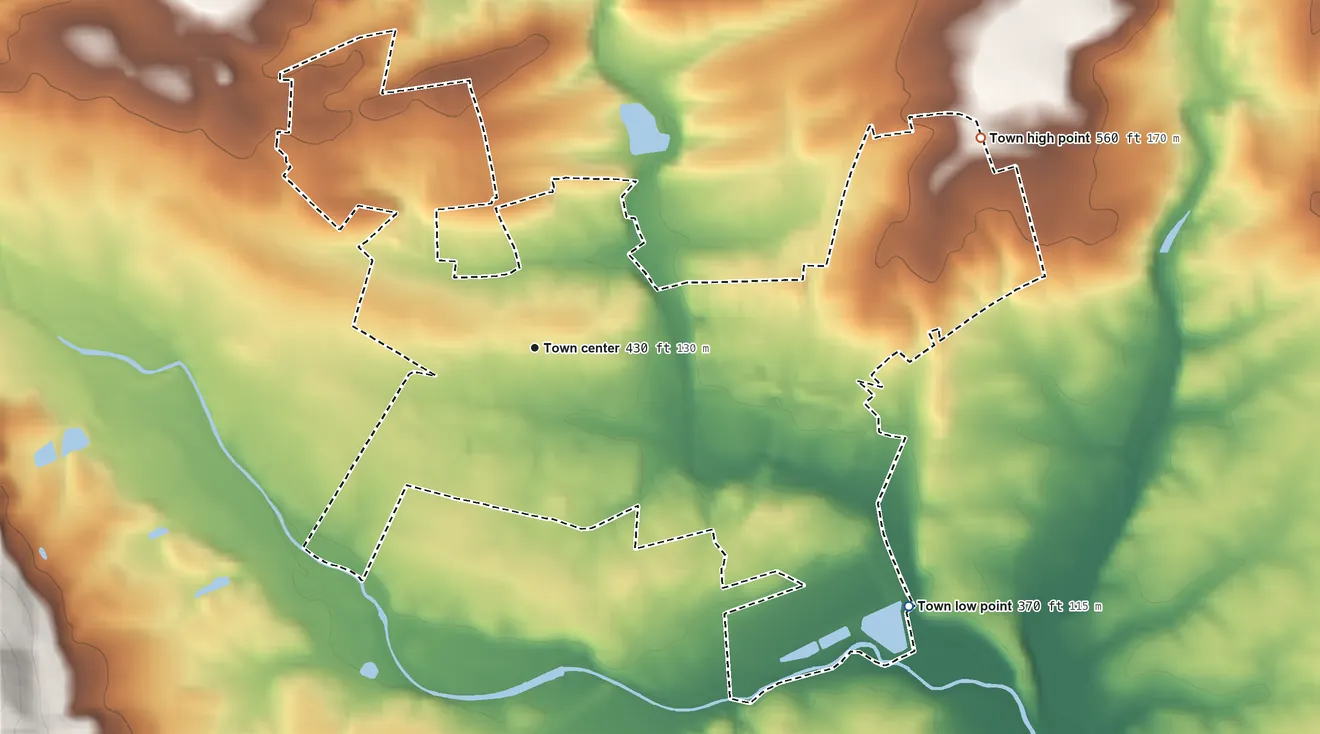 Topographic elevation map of Emmitsburg, Maryland, shaded from 370 ft on the southeast side to 560 ft on the northeast side