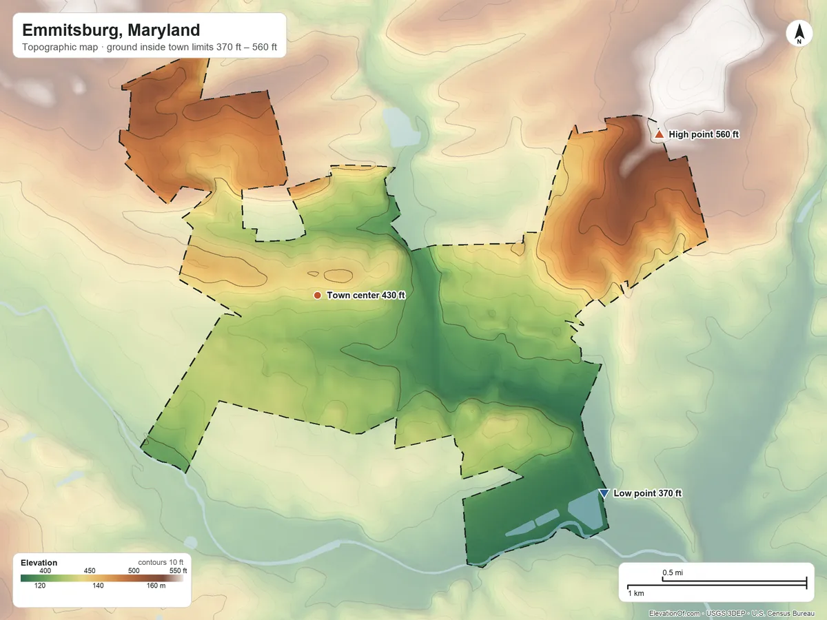 Topographic elevation map of Emmitsburg, Maryland, shaded from 370 ft on the southeast side to 560 ft on the northeast side