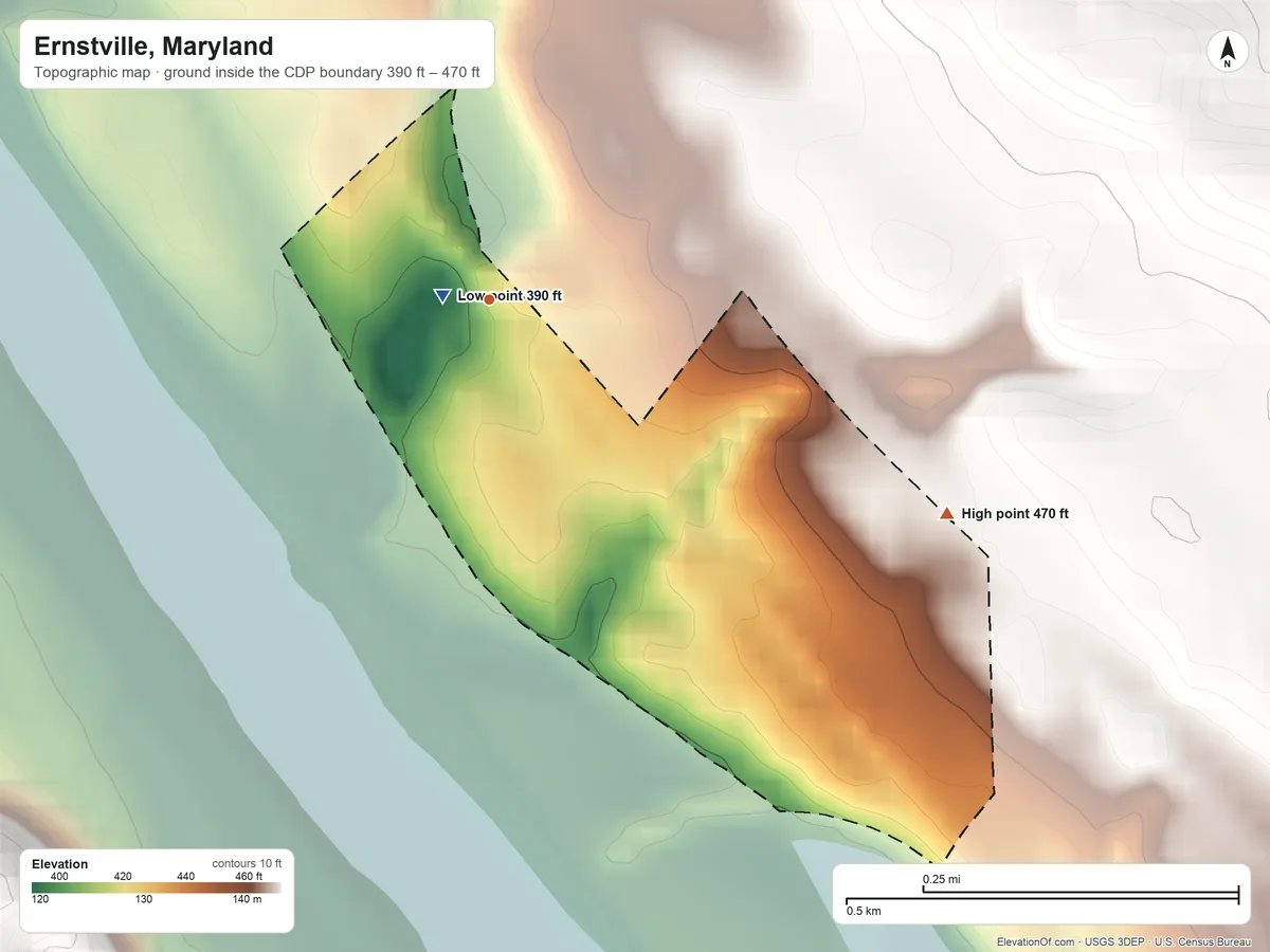 Topographic elevation map of Ernstville, Maryland, shaded from 390 ft near the middle to 470 ft on the southeast edge, below higher ground just outside