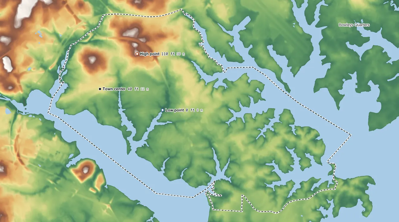 Topographic elevation map of Essex, Maryland, shaded from sea level level on the Back River to 110 ft on the northeast side