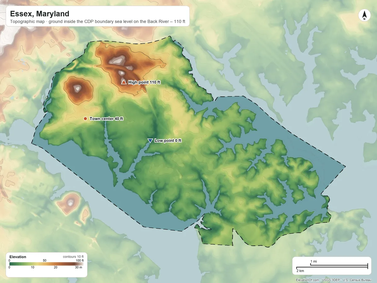 Topographic elevation map of Essex, Maryland, shaded from sea level level on the Back River to 110 ft on the northeast side