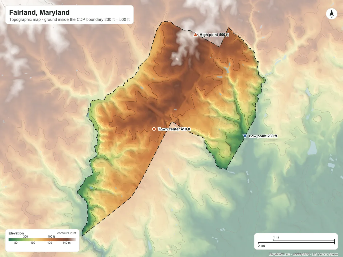 Topographic elevation map of Fairland, Maryland, shaded from 230 ft on the east side to 500 ft on the northeast side