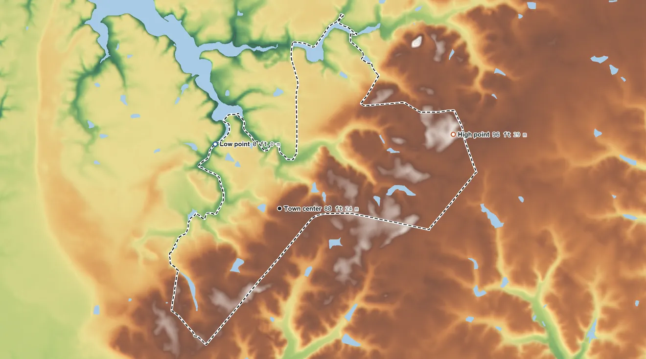 Topographic elevation map of Fairlee, Maryland, shaded from 0 ft on the northwest side to 96 ft on the northeast side