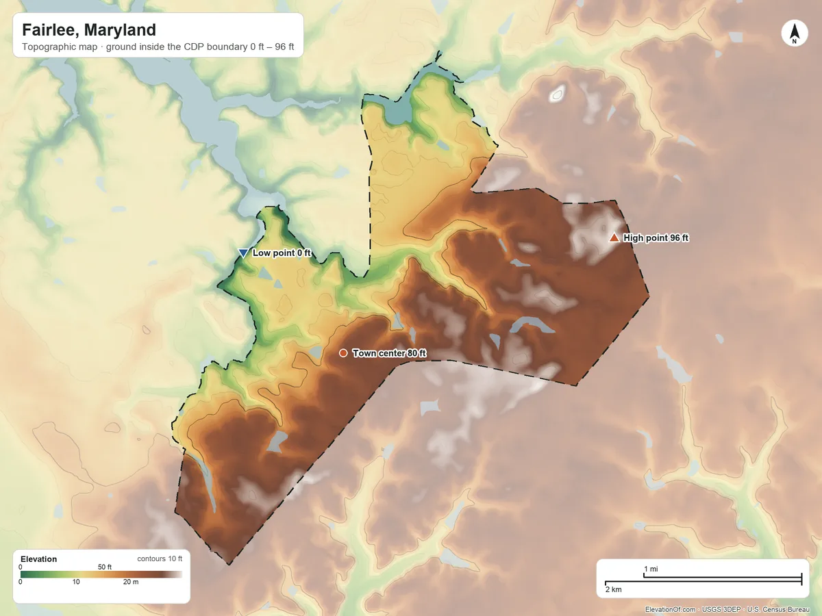 Topographic elevation map of Fairlee, Maryland, shaded from 0 ft on the northwest side to 96 ft on the northeast side