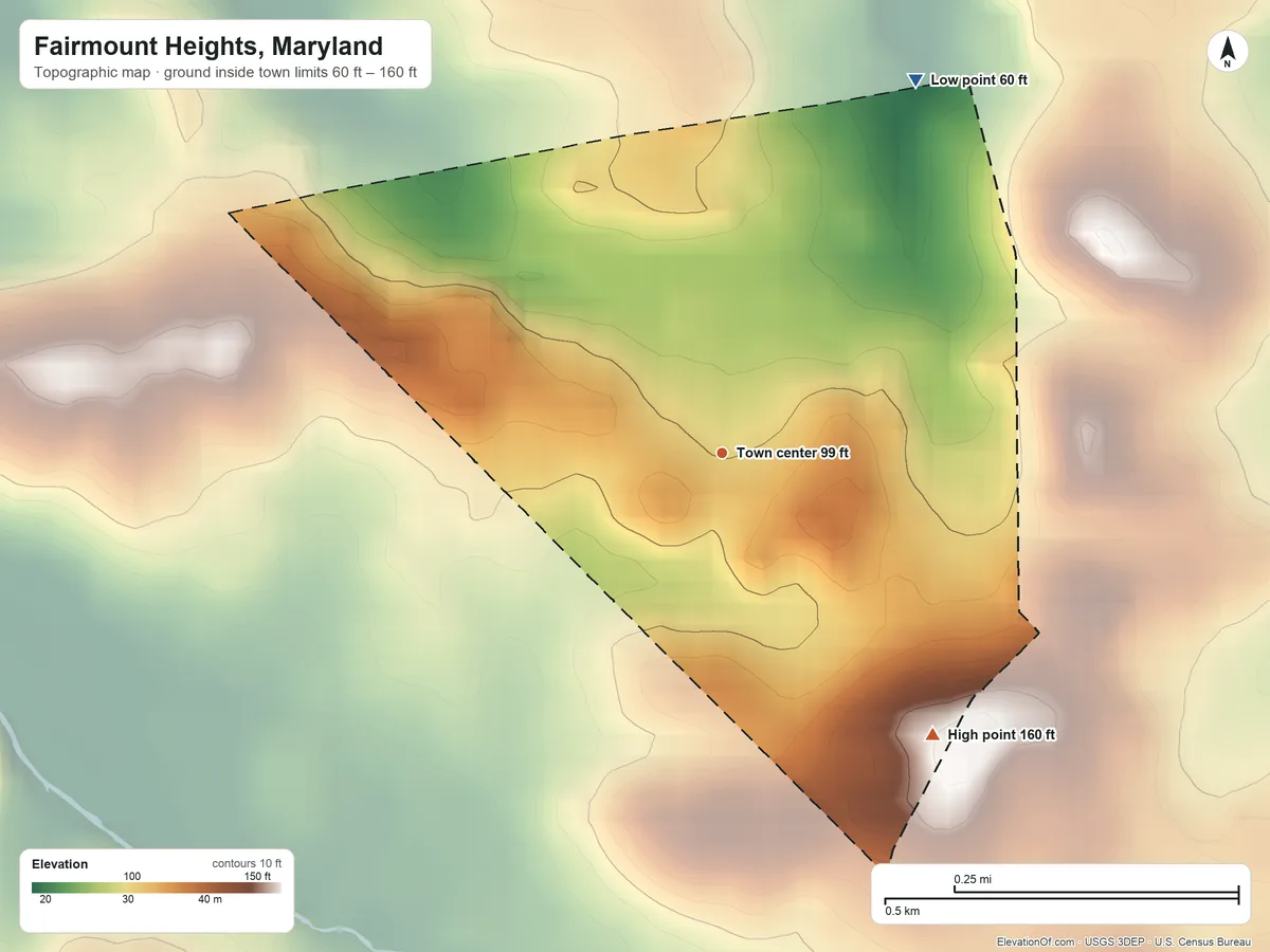 Topographic elevation map of Fairmount Heights, Maryland, shaded from 60 ft on the northeast side to 160 ft on the southeast side