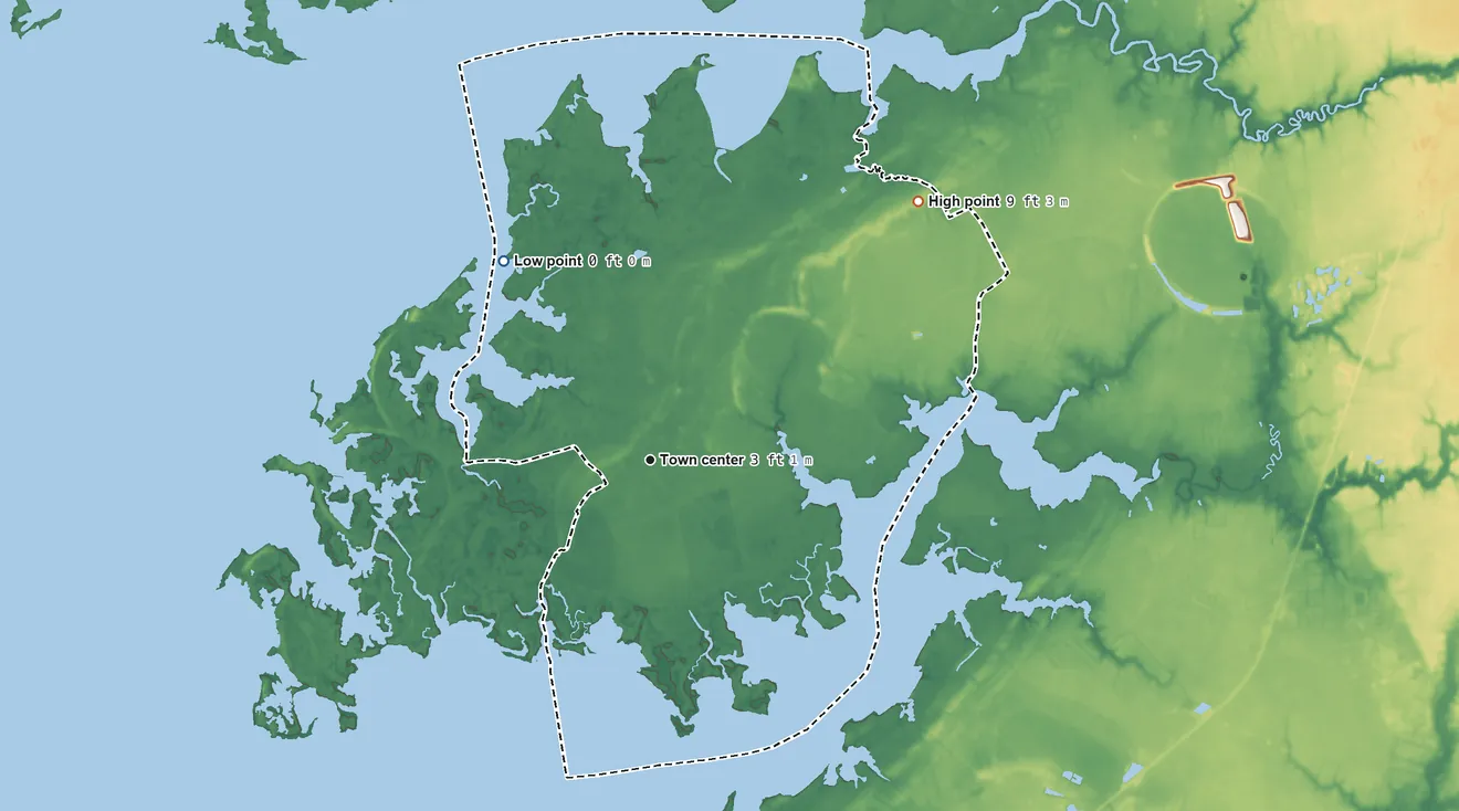 Topographic elevation map of Fairmount, Maryland, shaded from 0 ft on the northwest side to 9 ft on the northeast side