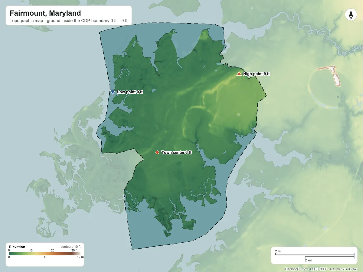 Topographic elevation map of Fairmount, Maryland, shaded from 0 ft on the northwest side to 9 ft on the northeast side