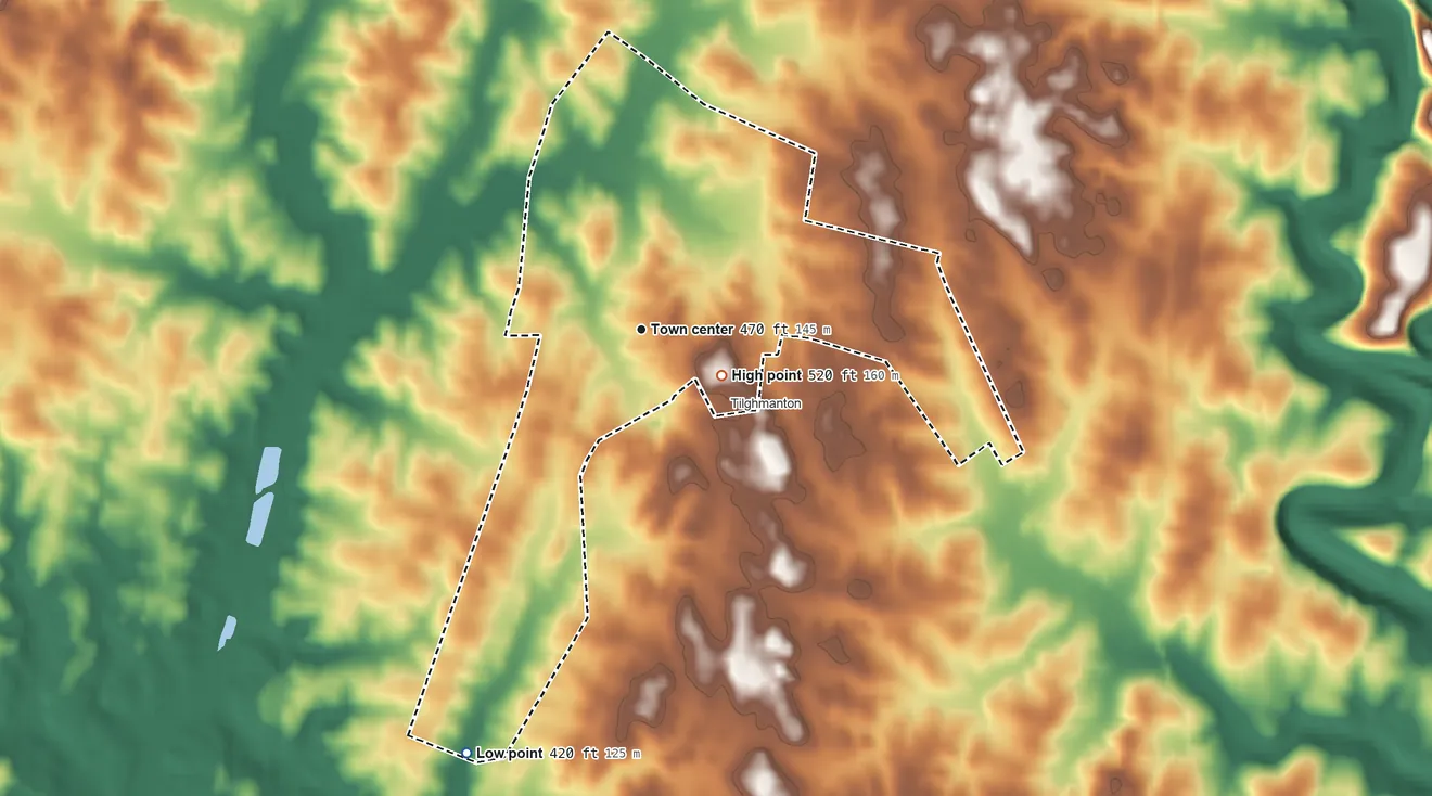Topographic elevation map of Fairplay, Maryland, shaded from 420 ft on the south side to 520 ft near the middle