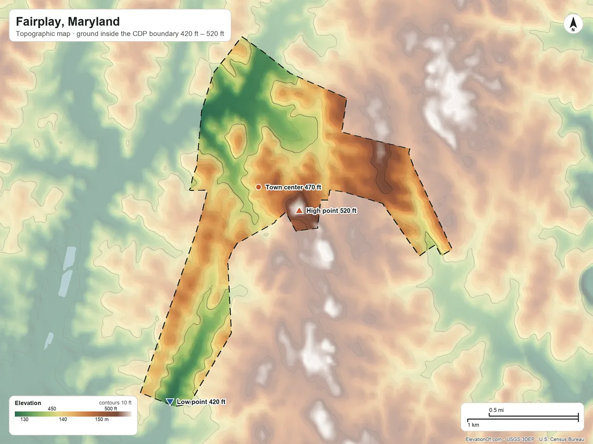 Topographic elevation map of Fairplay, Maryland, shaded from 420 ft on the south side to 520 ft near the middle