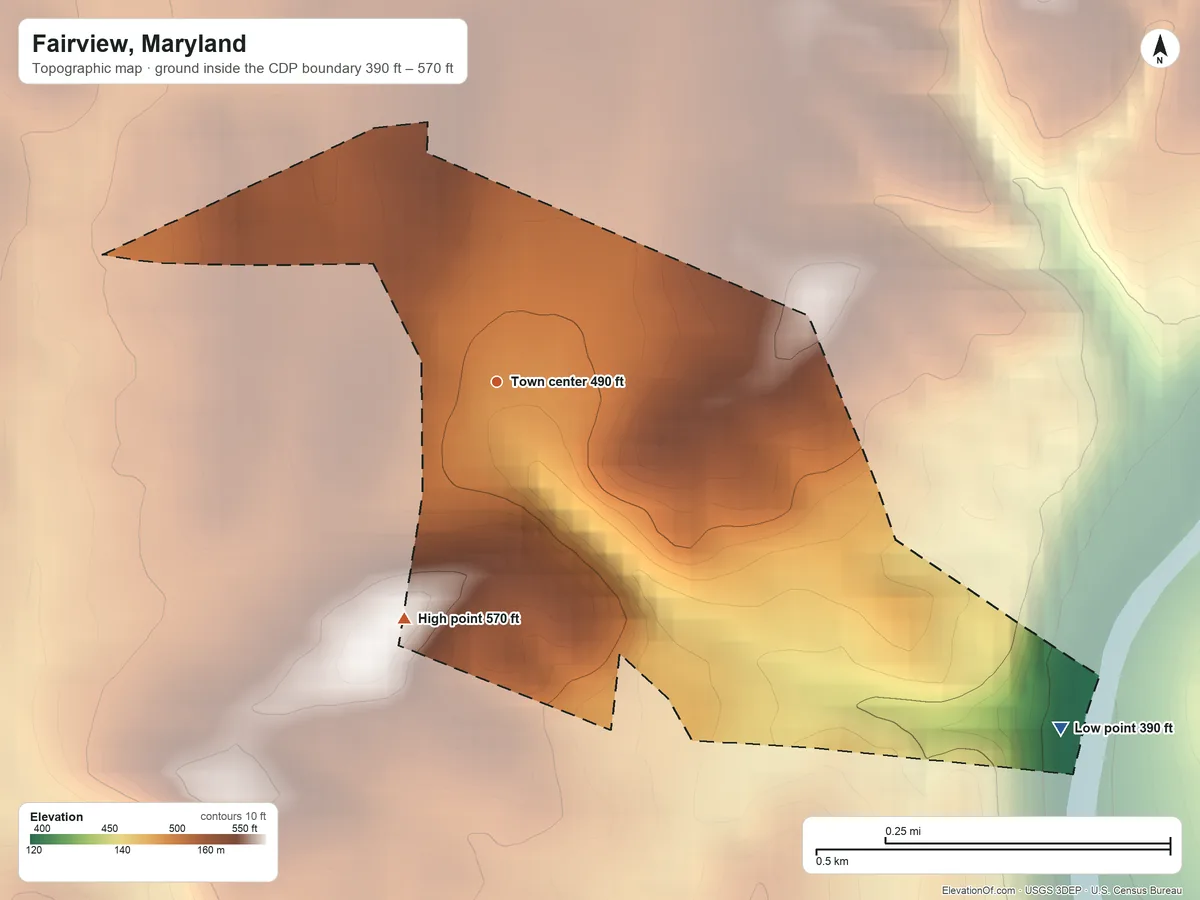 Topographic elevation map of Fairview, Maryland, shaded from 390 ft on the southeast side to 570 ft on the south side