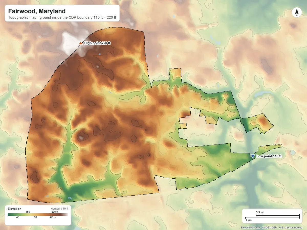 Topographic elevation map of Fairwood, Maryland, shaded from 110 ft on the east side to 220 ft on the northwest side