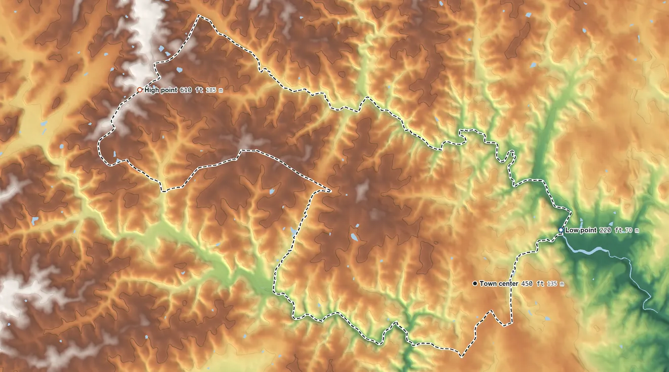 Topographic elevation map of Fallston, Maryland, shaded from 220 ft on the northeast side to 610 ft on the northwest side
