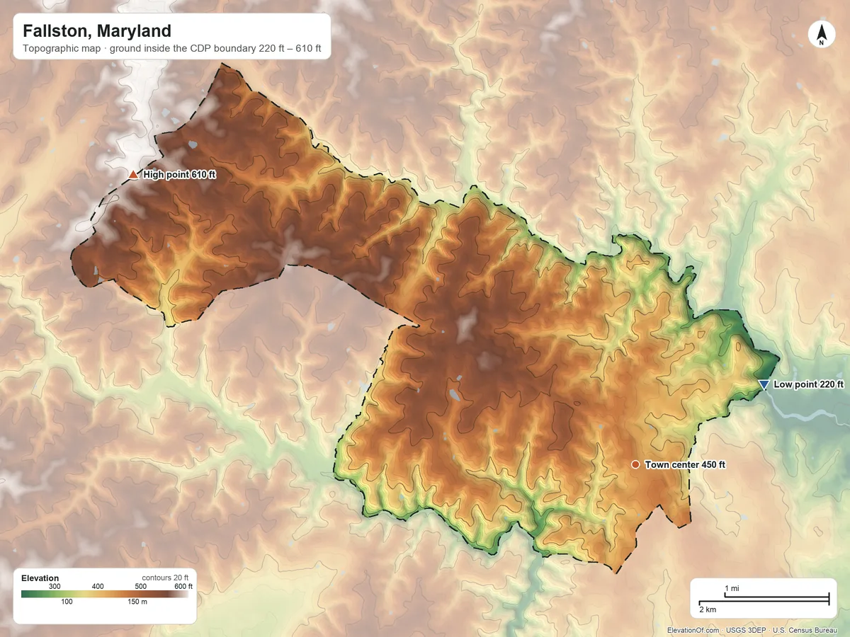 Topographic elevation map of Fallston, Maryland, shaded from 220 ft on the northeast side to 610 ft on the northwest side