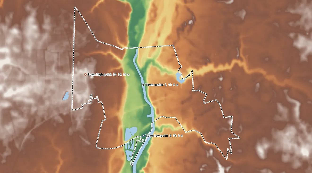 Topographic elevation map of Federalsburg, Maryland, shaded from 0 ft on the south side to 46 ft on the west side