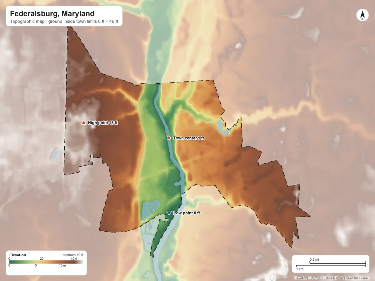 Topographic elevation map of Federalsburg, Maryland, shaded from 0 ft on the south side to 46 ft on the west side