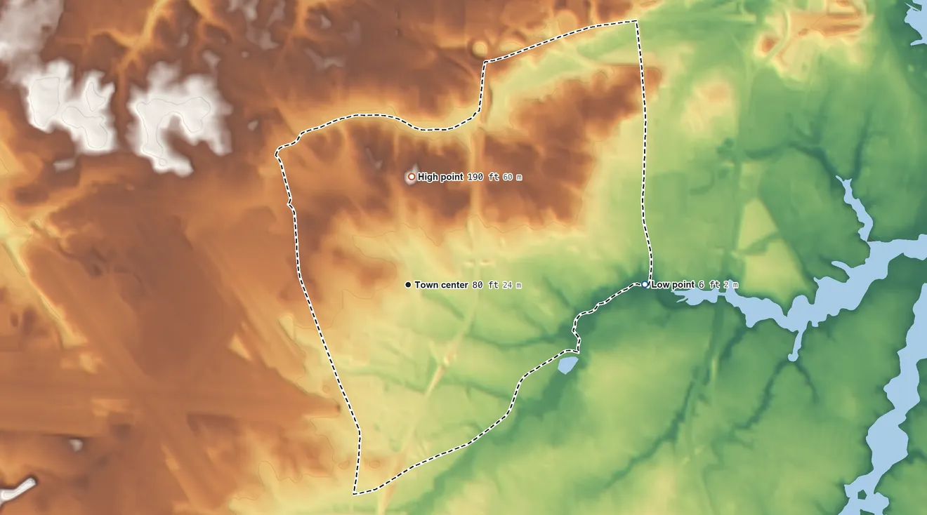 Topographic elevation map of Ferndale, Maryland, shaded from 6 ft on the east side to 190 ft on the north side