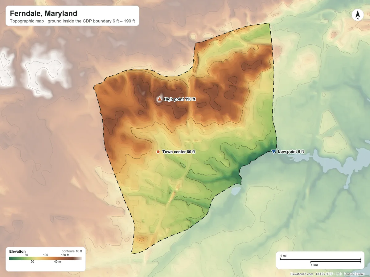 Topographic elevation map of Ferndale, Maryland, shaded from 6 ft on the east side to 190 ft on the north side