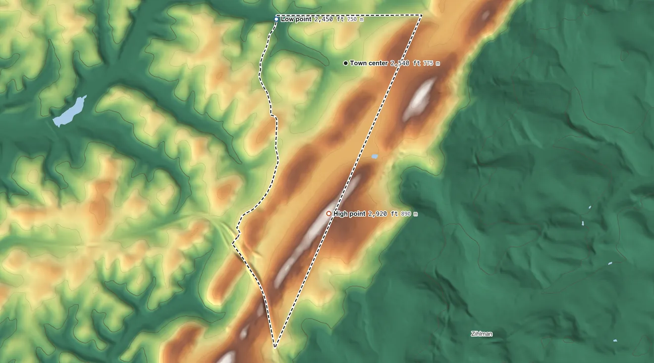 Topographic elevation map of Finzel, Maryland, shaded from 2,450 ft on the northwest side to 2,920 ft on the south side