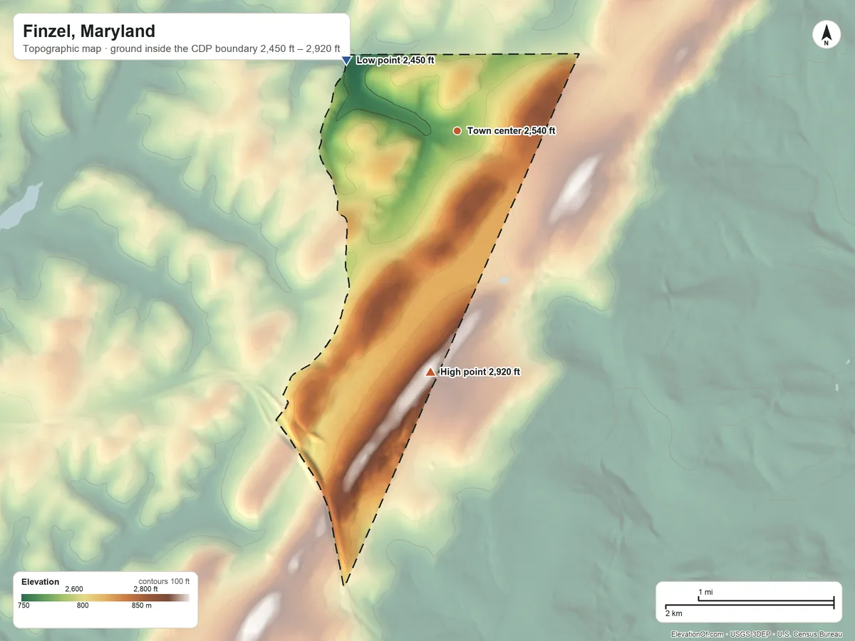 Topographic elevation map of Finzel, Maryland, shaded from 2,450 ft on the northwest side to 2,920 ft on the south side