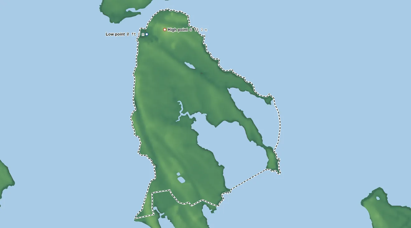 Topographic elevation map of Fishing Creek, Maryland, shaded from sea level level on Fishing Creek to 6 ft on the north side