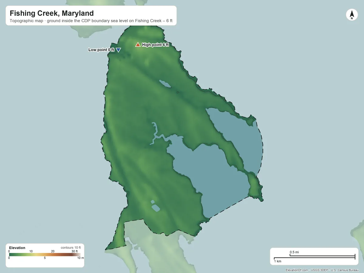 Topographic elevation map of Fishing Creek, Maryland, shaded from sea level level on Fishing Creek to 6 ft on the north side
