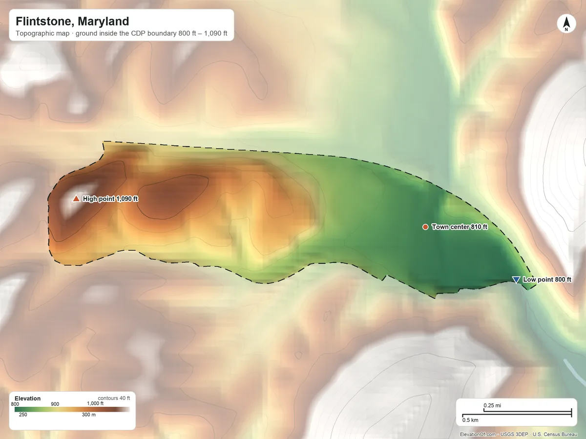 Topographic elevation map of Flintstone, Maryland, shaded from 800 ft on the southeast side to 1,090 ft on the west edge, below higher ground just outside