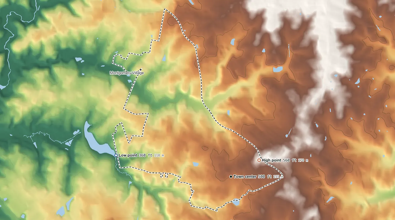Topographic elevation map of Flower Hill, Maryland, shaded from 360 ft on the west side to 560 ft on the northeast side
