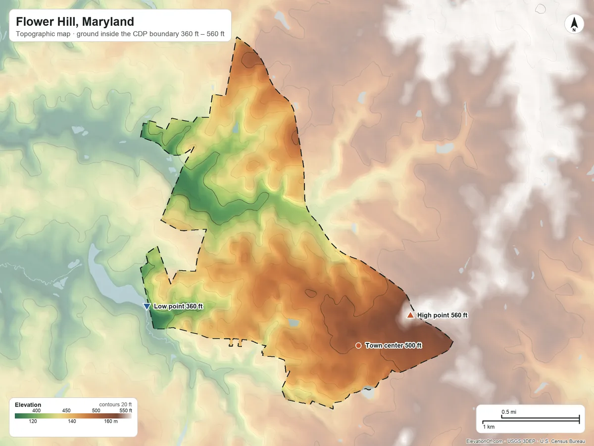 Topographic elevation map of Flower Hill, Maryland, shaded from 360 ft on the west side to 560 ft on the northeast side