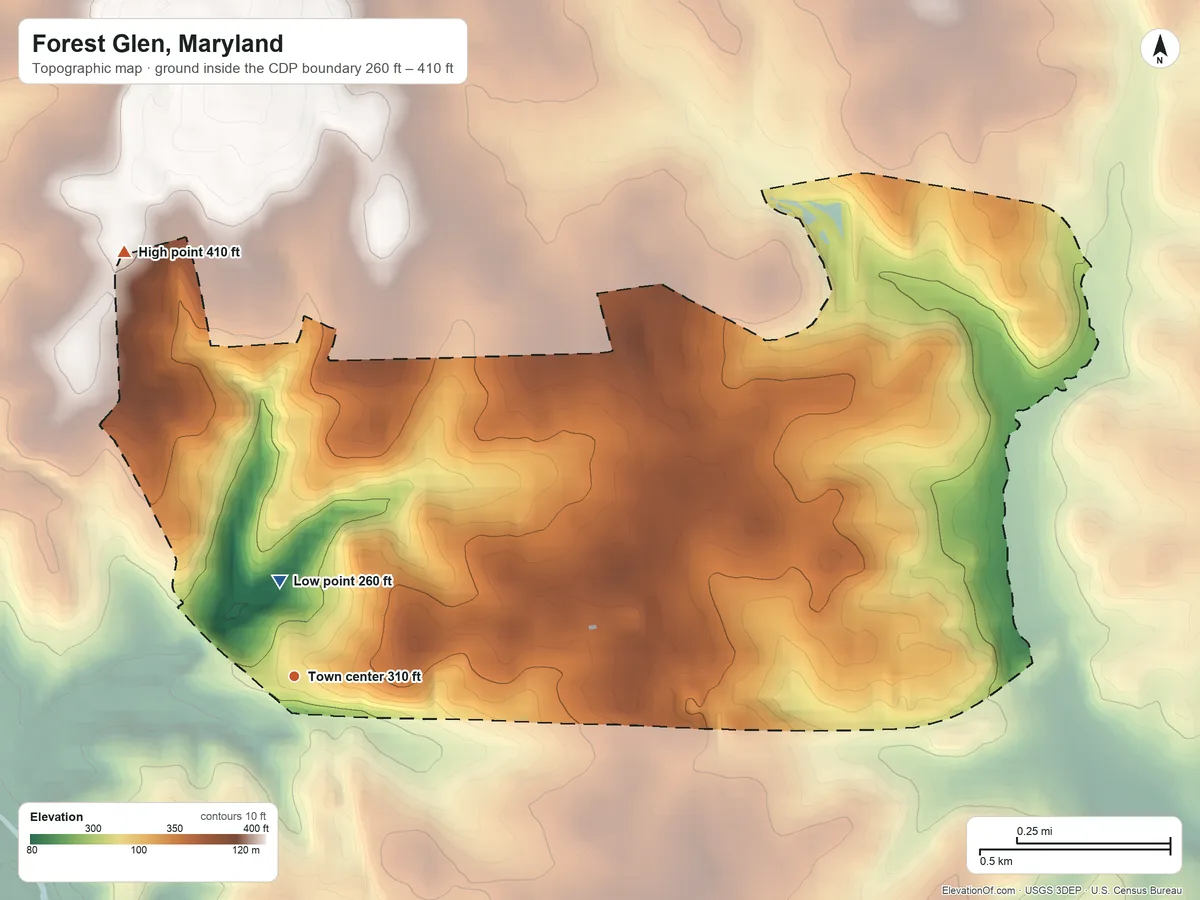 Topographic elevation map of Forest Glen, Maryland, shaded from 260 ft near the middle to 410 ft on the north side