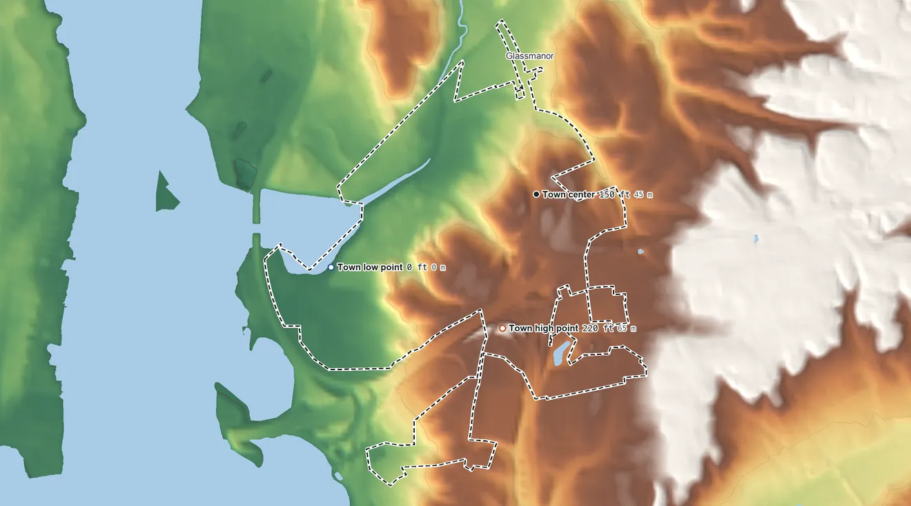 Topographic elevation map of Forest Heights, Maryland, shaded from 0 ft on the west side to 220 ft on the south side