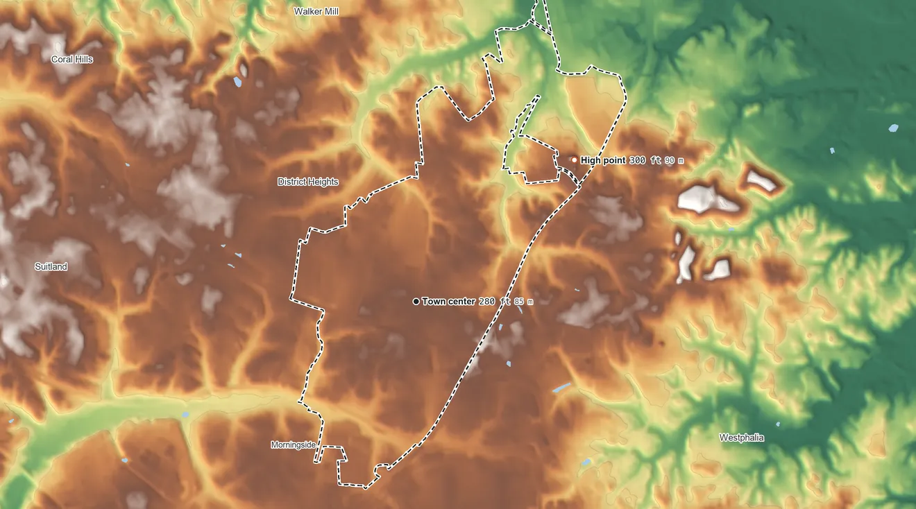 Topographic elevation map of Forestville, Maryland, shaded from 130 ft on the north side to 300 ft on the northeast side