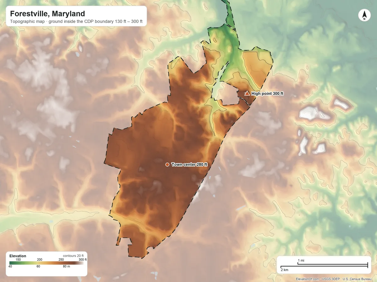 Topographic elevation map of Forestville, Maryland, shaded from 130 ft on the north side to 300 ft on the northeast side