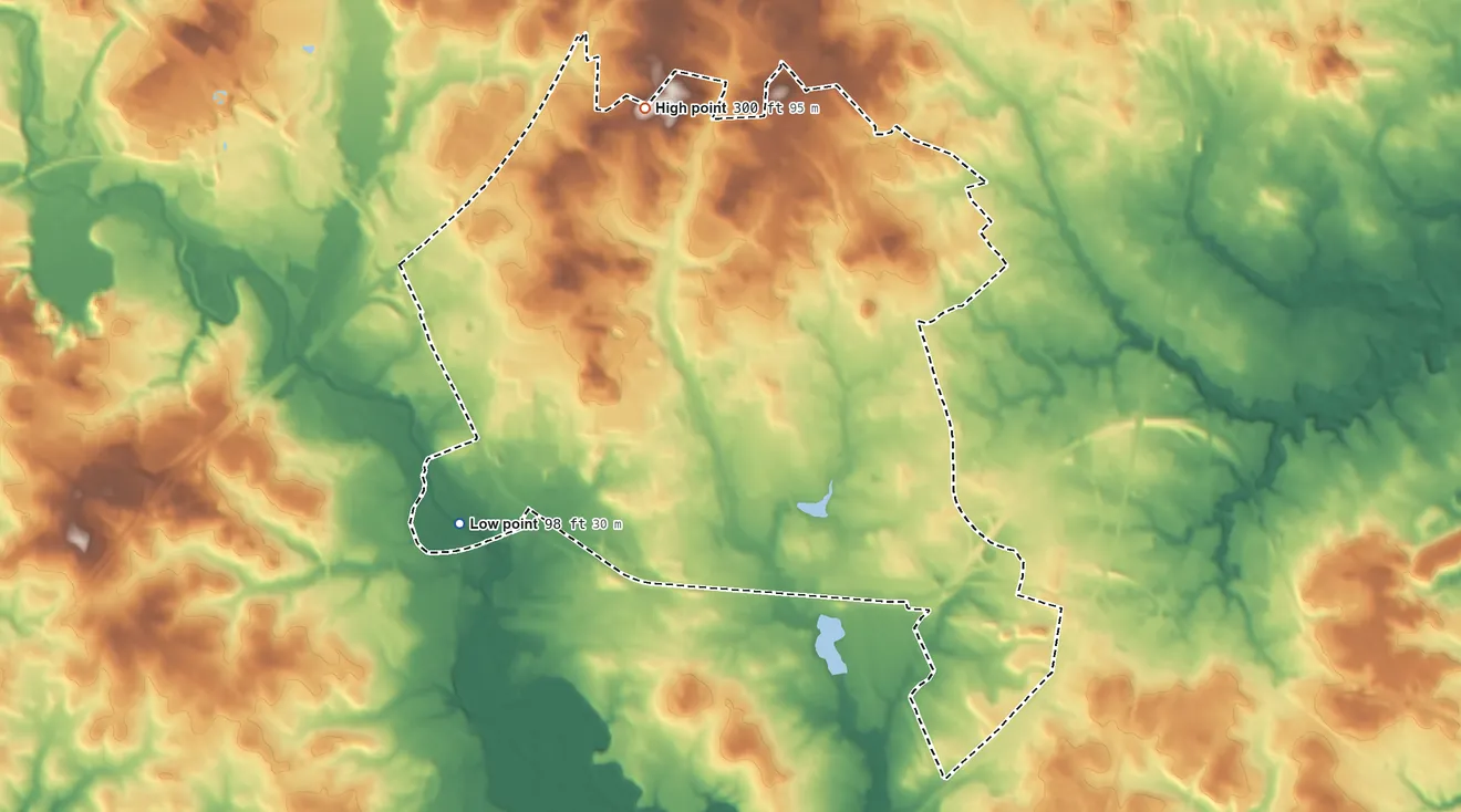 Topographic elevation map of Fort Meade, Maryland, shaded from 98 ft on the southwest side to 300 ft on the north side