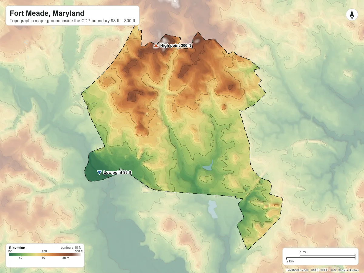 Topographic elevation map of Fort Meade, Maryland, shaded from 98 ft on the southwest side to 300 ft on the north side