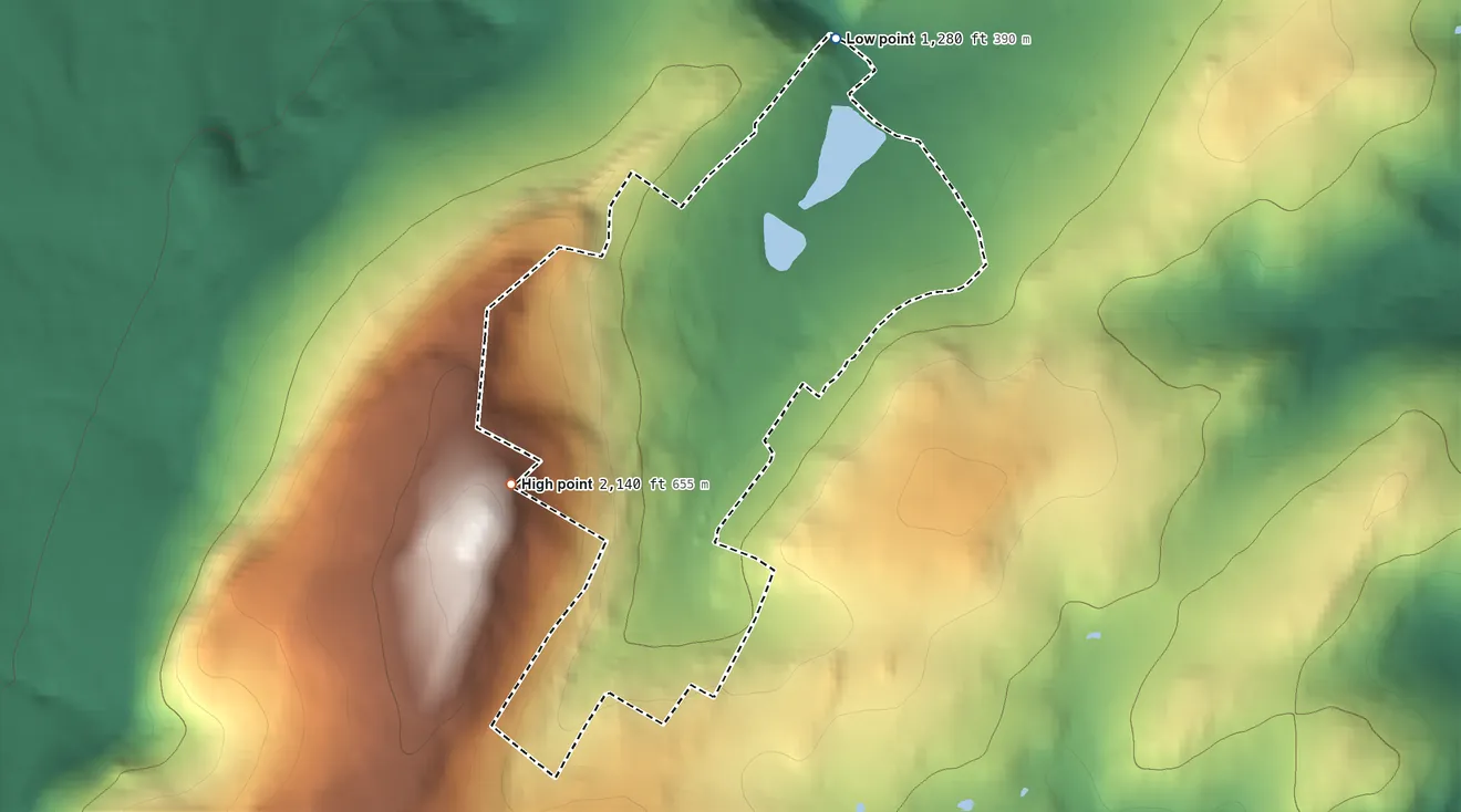 Topographic elevation map of Fort Ritchie, Maryland, shaded from 1,280 ft on the northeast side to 2,140 ft on Quirauk Mountain