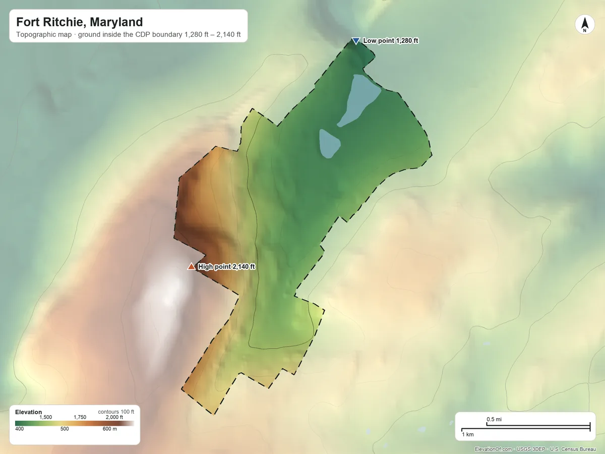 Topographic elevation map of Fort Ritchie, Maryland, shaded from 1,280 ft on the northeast side to 2,140 ft on Quirauk Mountain