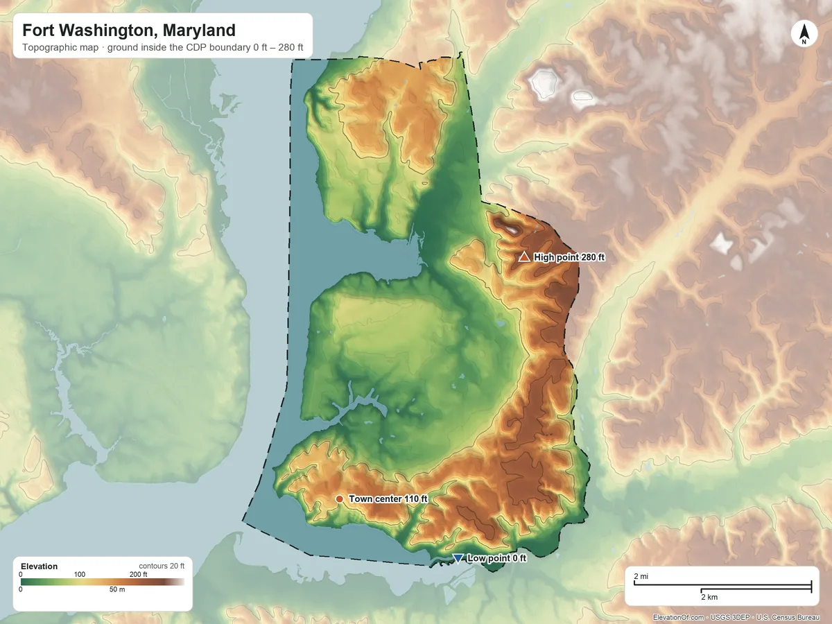 Topographic elevation map of Fort Washington, Maryland, shaded from 0 ft on the southeast side to 280 ft on the northeast side